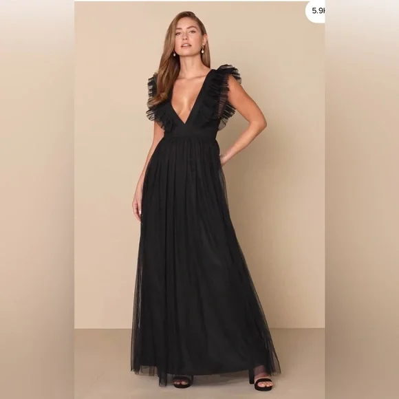 Lulus Simply Delighted Black Mesh Ruffled Backless Maxi Dress Size Medium Formal - Picture 3 of 10